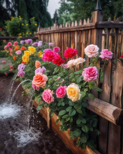 Wooden Fence Covered with Colorful Roses Diamond Painting