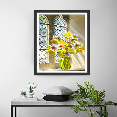 Yellow and White Flowers on the Windowsill Diamond Painting