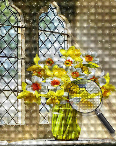 Yellow and White Flowers on the Windowsill Diamond Painting