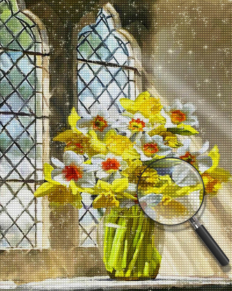 Yellow and White Flowers on the Windowsill Diamond Painting
