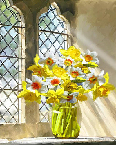 Yellow and White Flowers on the Windowsill Diamond Painting