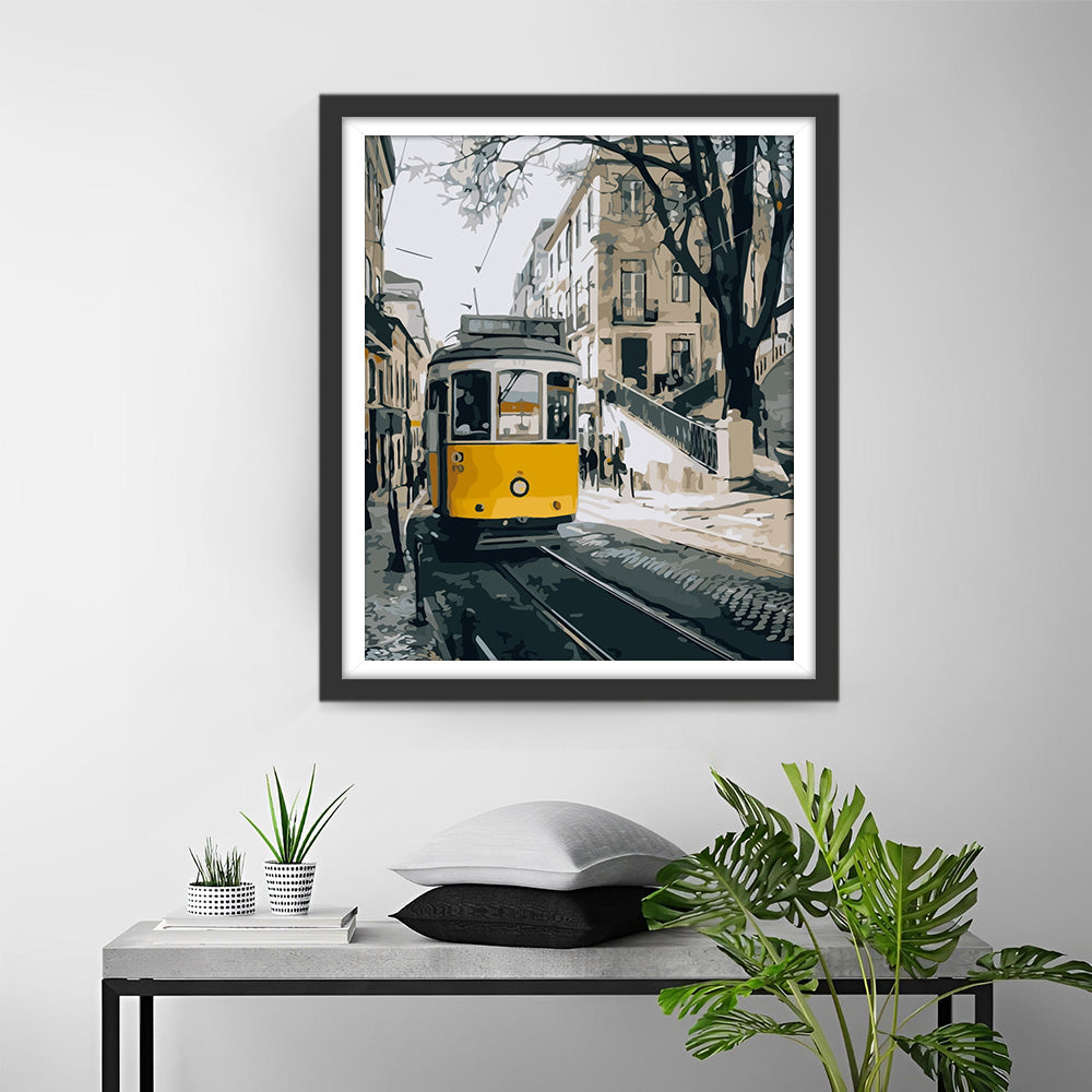 Yellow Tram in the City in Winter Diamond Painting