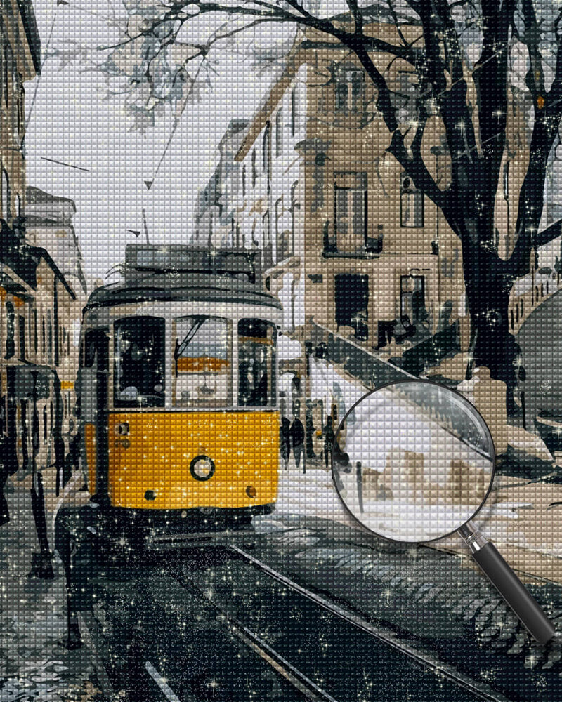 Yellow Tram in the City in Winter Diamond Painting