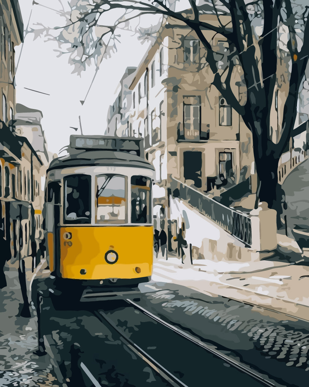 Yellow Tram in the City in Winter Diamond Painting