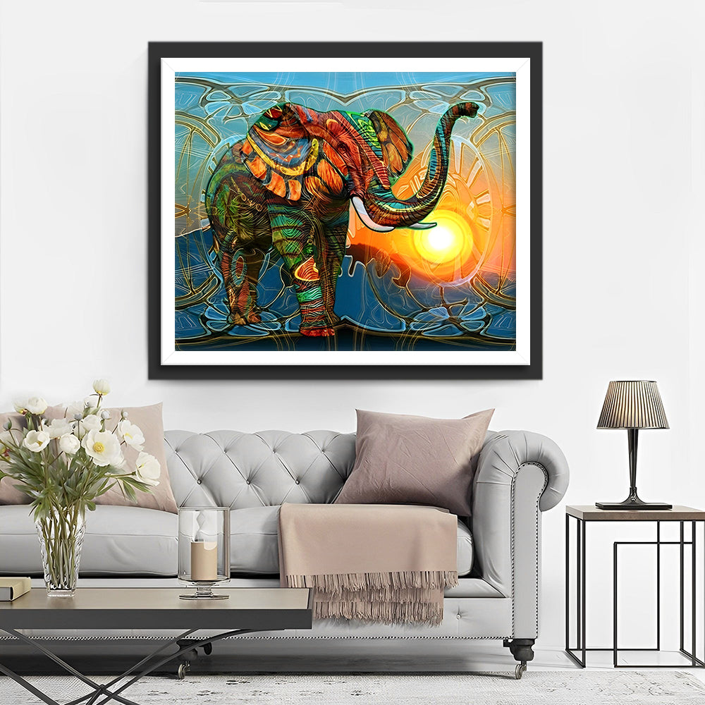 Abstract Green and Red Elephant with Sun Diamond Painting