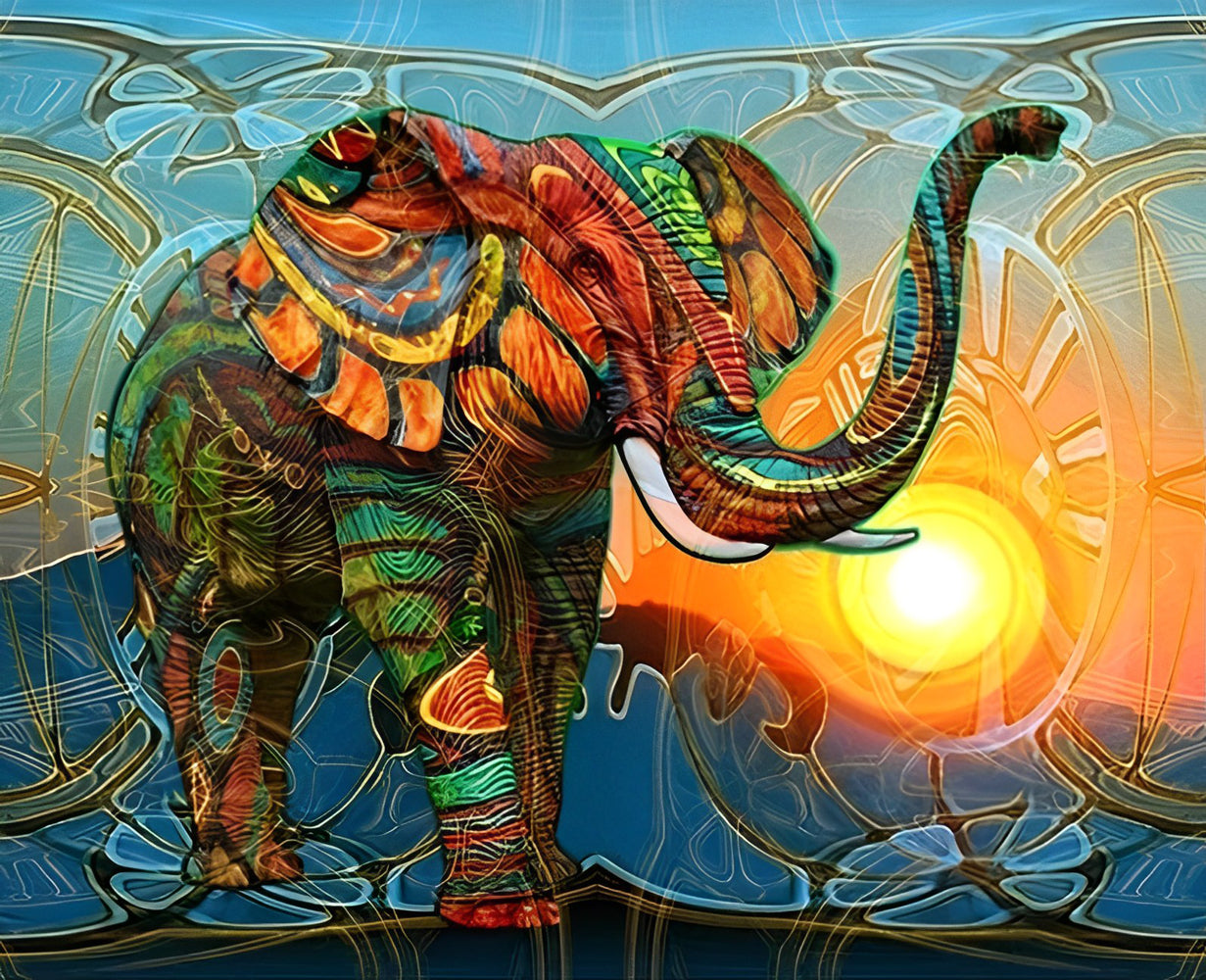 Abstract Green and Red Elephant with Sun Diamond Painting