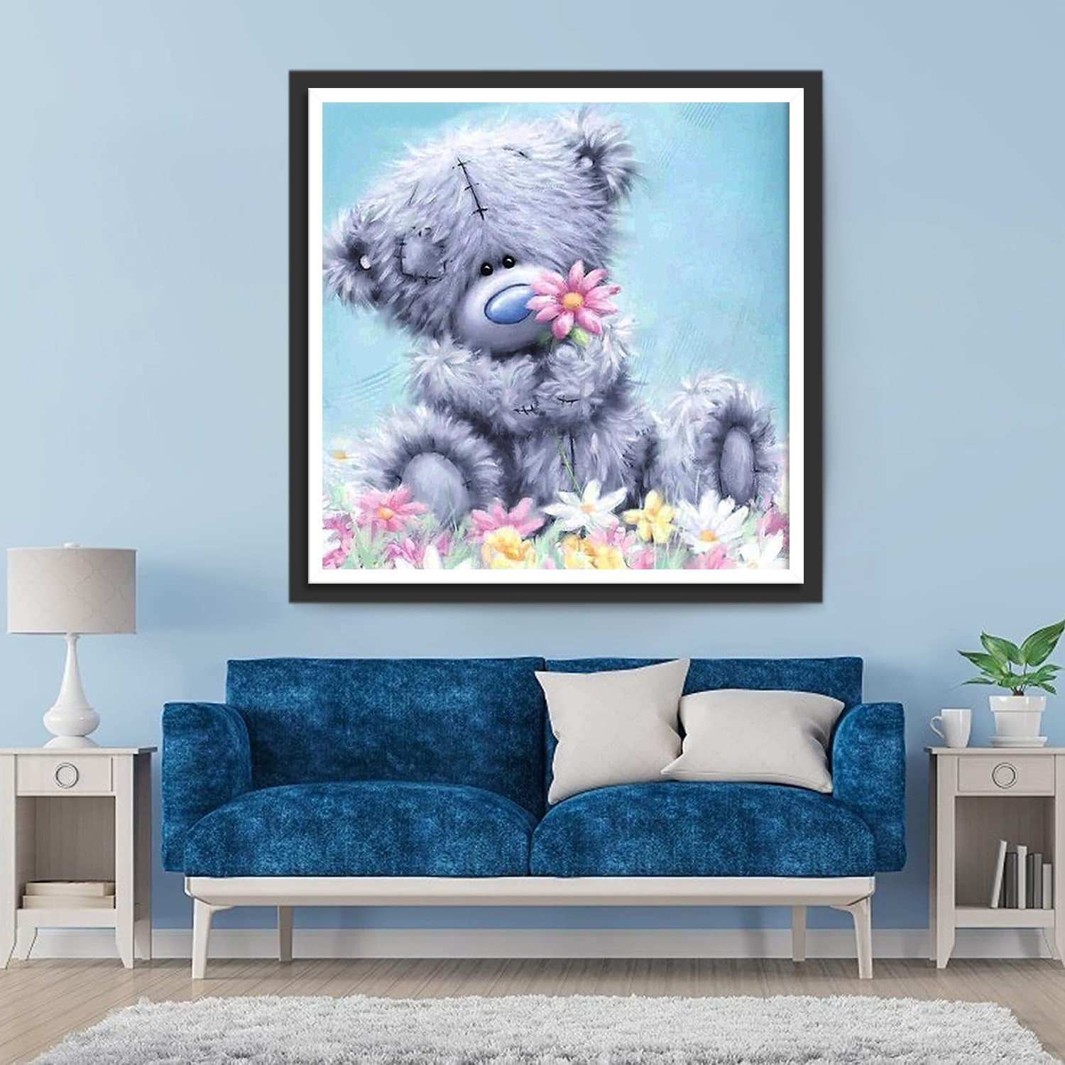 Gray Bear Doll and Pink Flower Diamond Painting