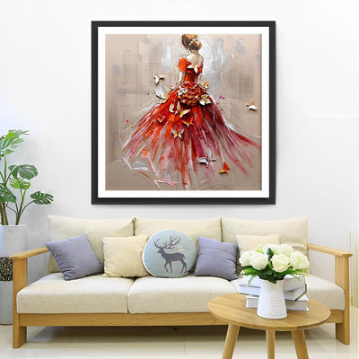 Girl in Red Dress and Butterflies Diamond Painting