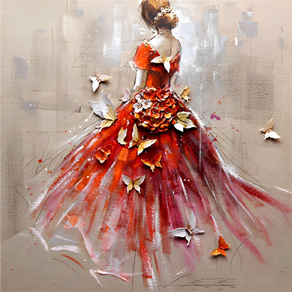 Girl in Red Dress and Butterflies Diamond Painting