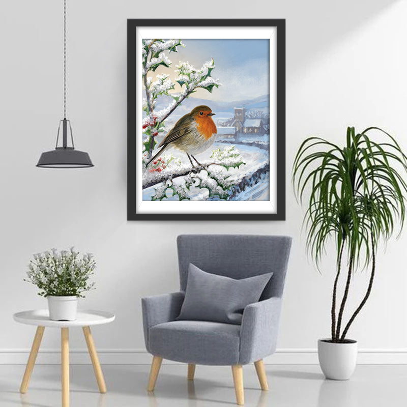 Bird and House in the Snow Diamond Painting