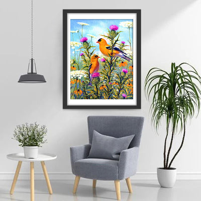 Orange Birds and Various Flowers Diamond Painting