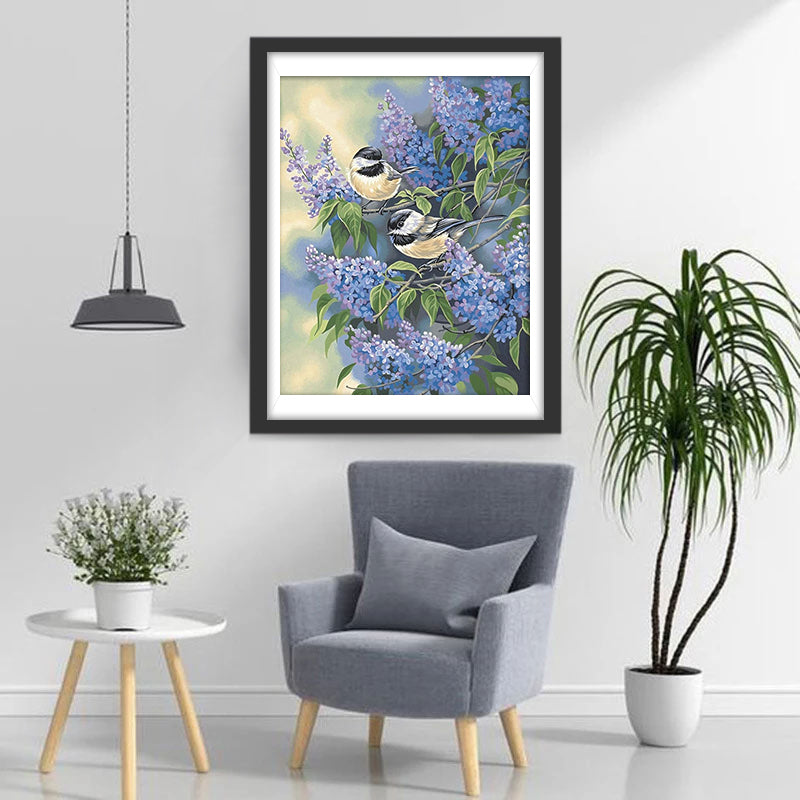 Two Chickadees and Lilac Violet Diamond Painting