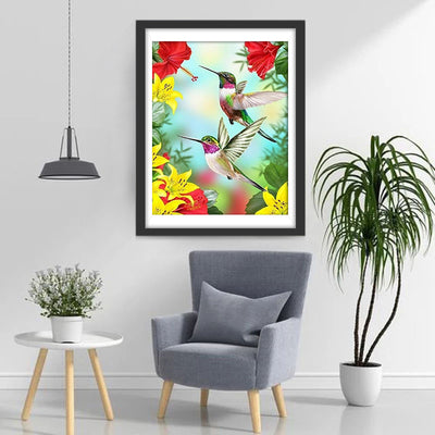 Two Flying Hummingbirds and Red and Yellow Flowers Diamond Painting