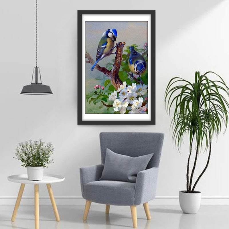 Blue Birds and White Flowers Diamond Painting
