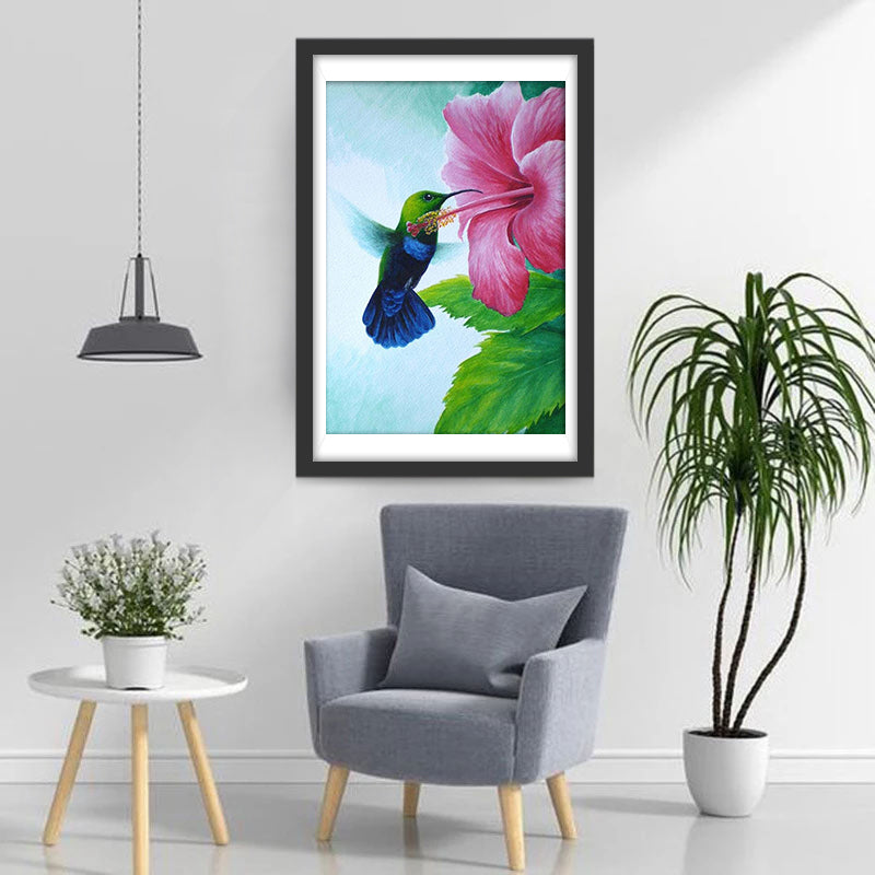 Flying Hummingbird and Big Pink Flower Diamond Painting