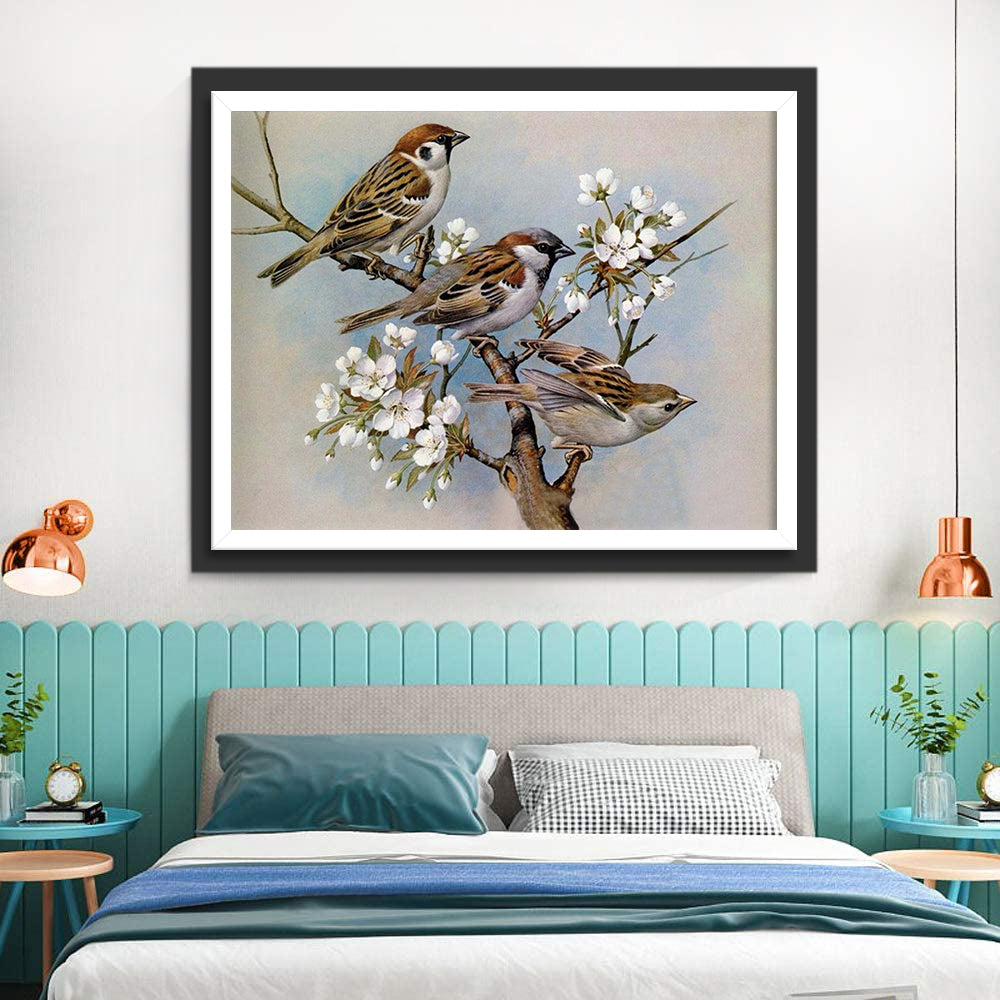 Three Sparrows on a Branch Diamond Painting