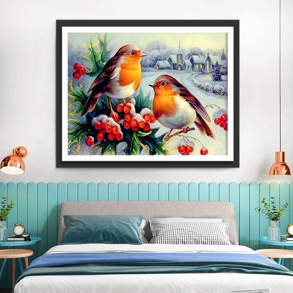 Brown and Orange Birds with Red Fruits Diamond Painting