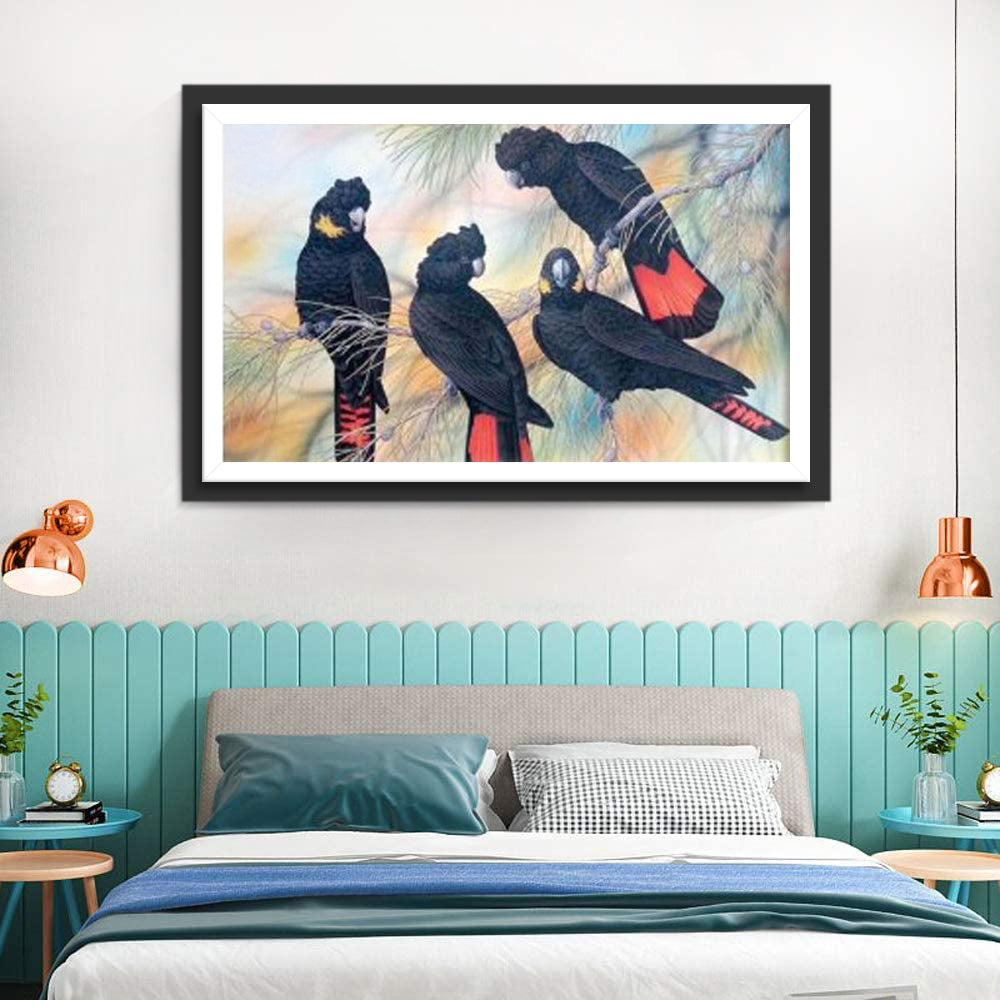 Black and Red Parrots Diamond Painting