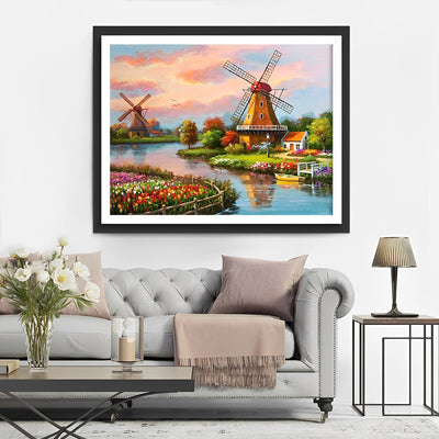 Small River Windmill Landscape 5D DIY Diamond Painting Kits