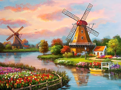 Small River Windmill Landscape 5D DIY Diamond Painting Kits