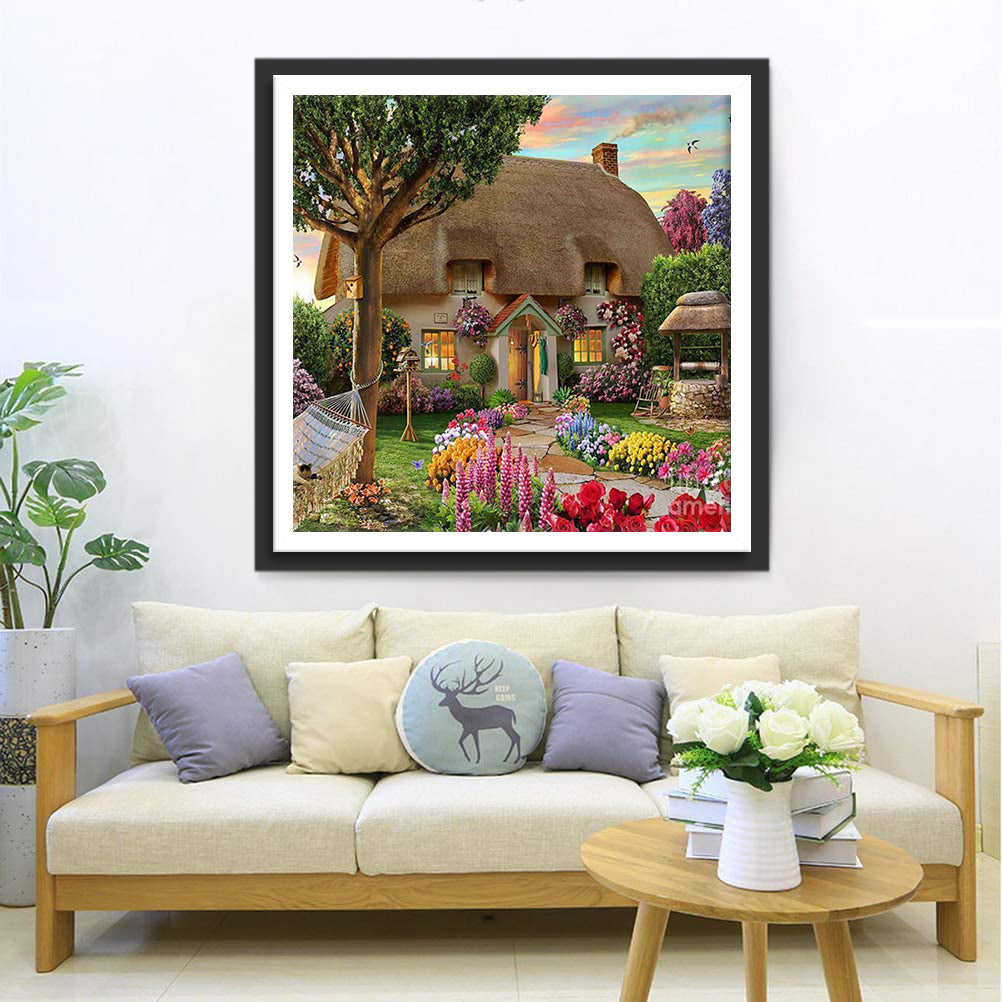 A house with a thatched roof Diamond Painting