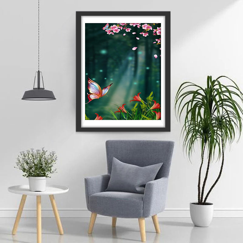 Flying Butterfly and Pink and Red Flowers Diamond Painting