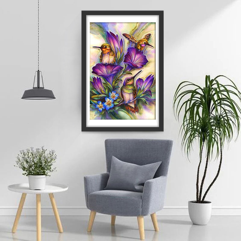 Hummingbirds and Purple and Blue Flowers Diamond Painting