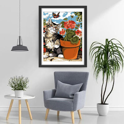 Flowers Butterflies and Cat Diamond Painting