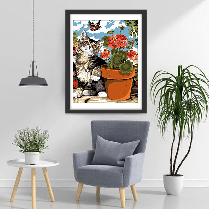 Flowers Butterflies and Cat Diamond Painting