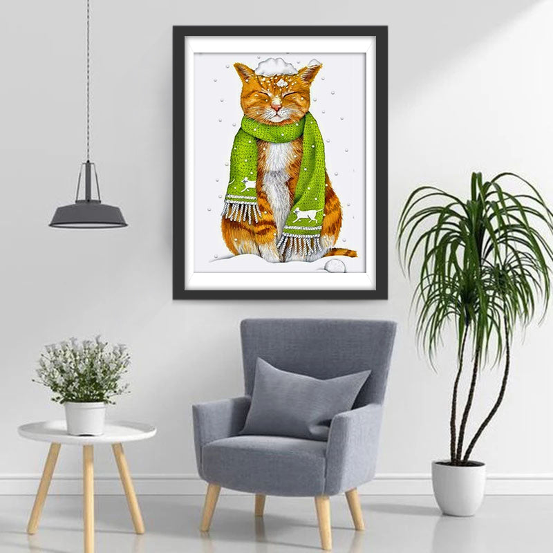 Orange Cat with Green Scarf Diamond Painting