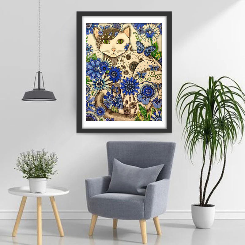 White and Black Cat with Blue Daisy Diamond Painting