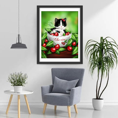 Cherries and Kitten in the Bowl Diamond Painting