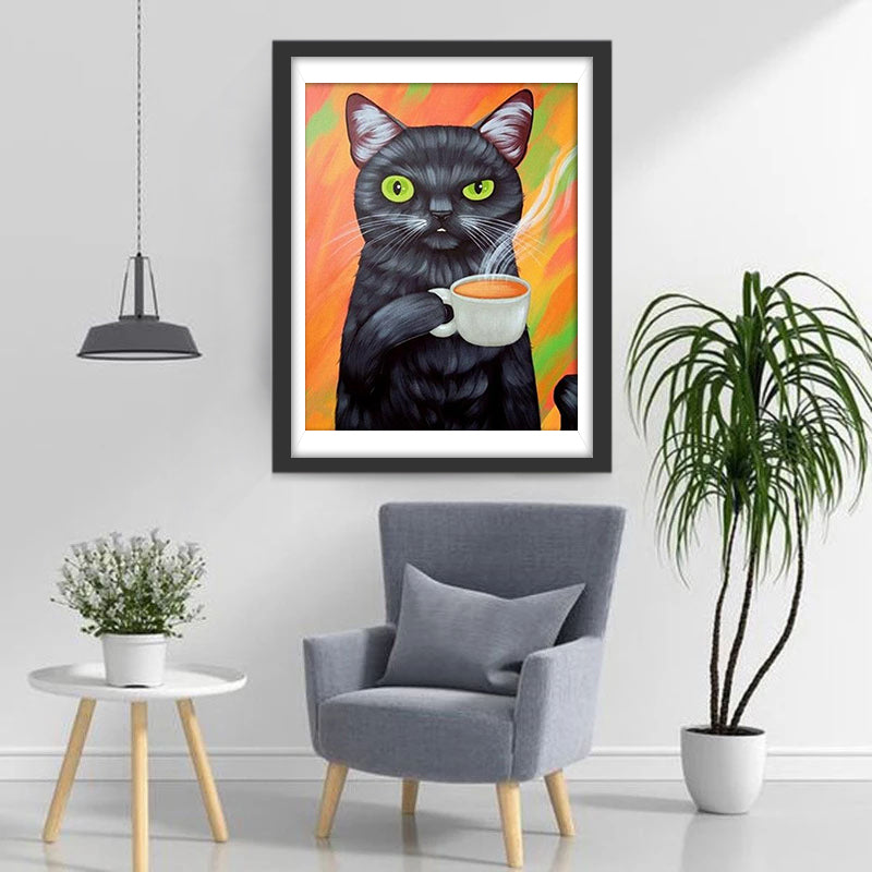 Strange Black Cat Drinking Coffee 5D DIY Diamond Painting Kits