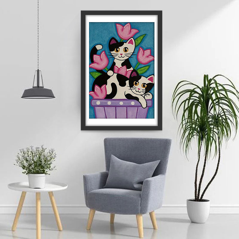 Black and White Cat and Tulips Diamond Painting