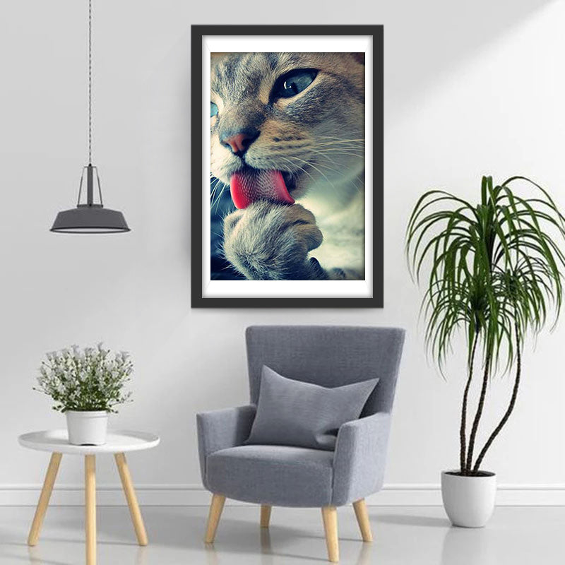 Cute Cat Licking Paw Diamond Painting