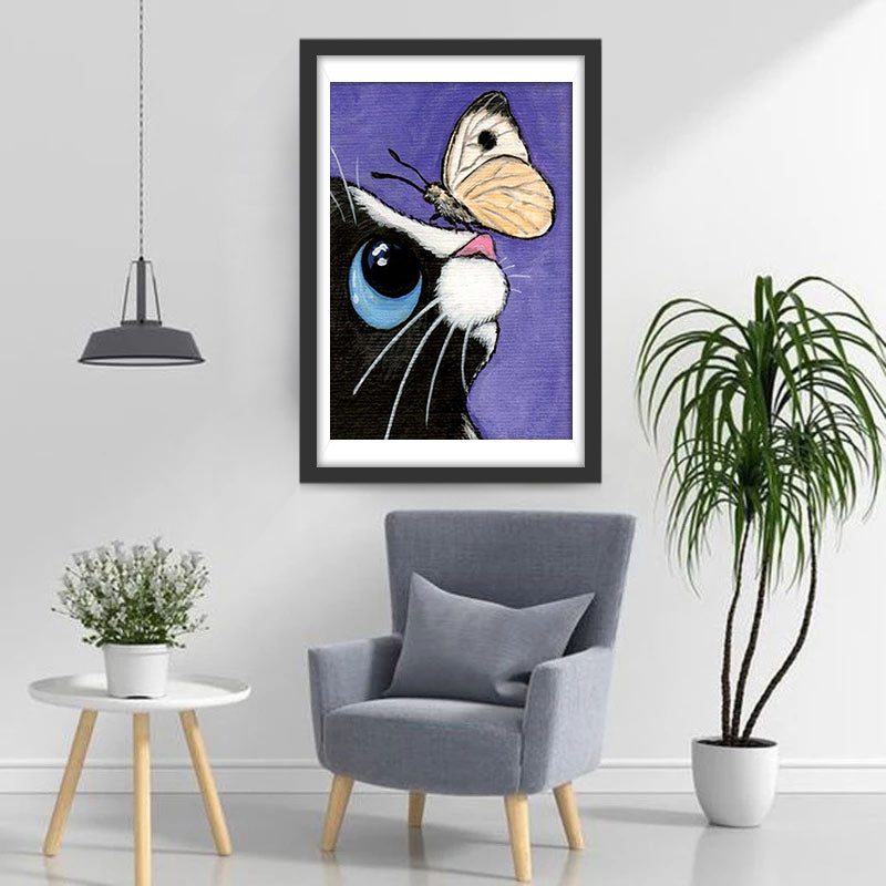 Black and White Cat with a Butterfly Diamond Painting