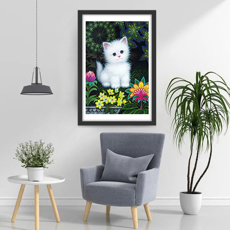 White Cat and Flowers Diamond Painting