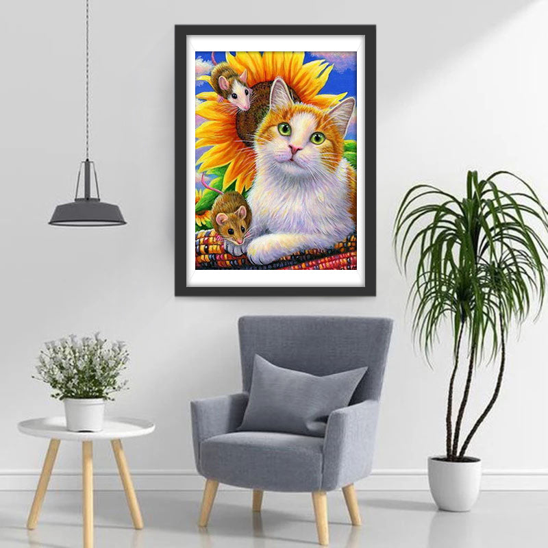 Cat Sunflower and Mouses Diamond Painting