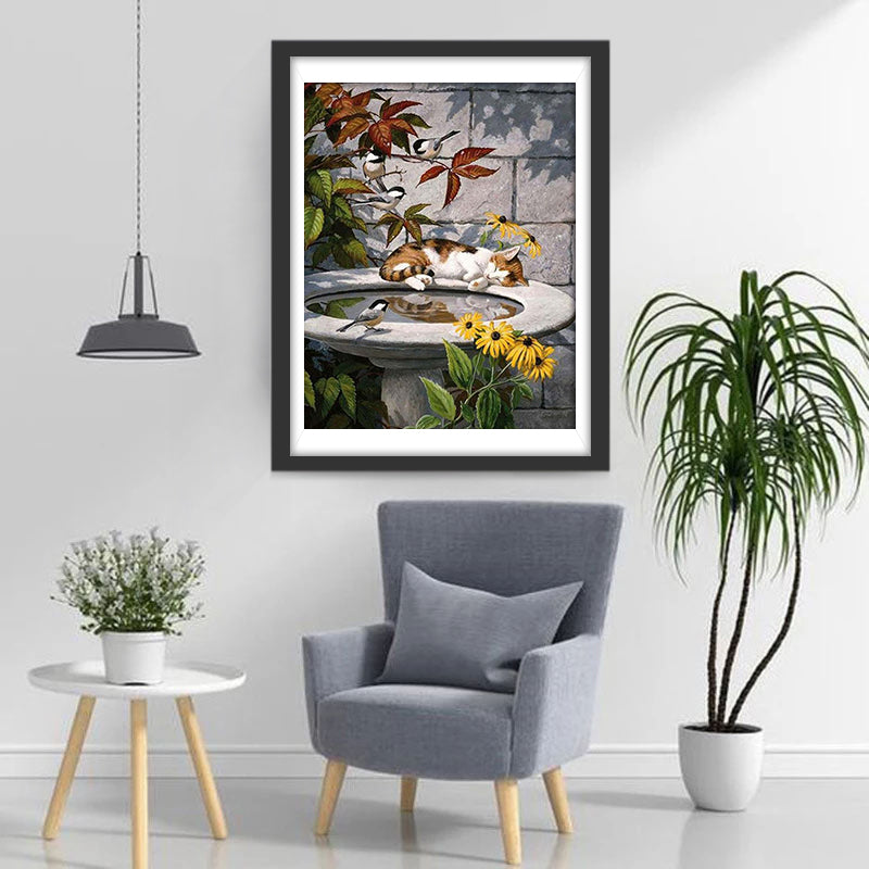 Sleeping Cat and Birds Diamond Painting