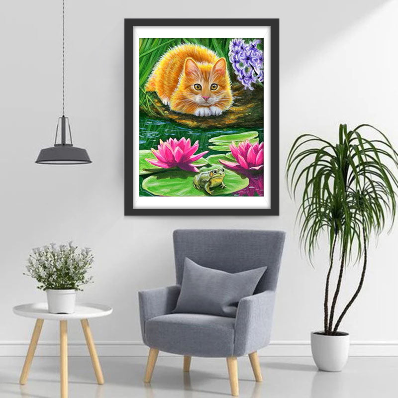 Cat Frog and Water Lilies Diamond Painting