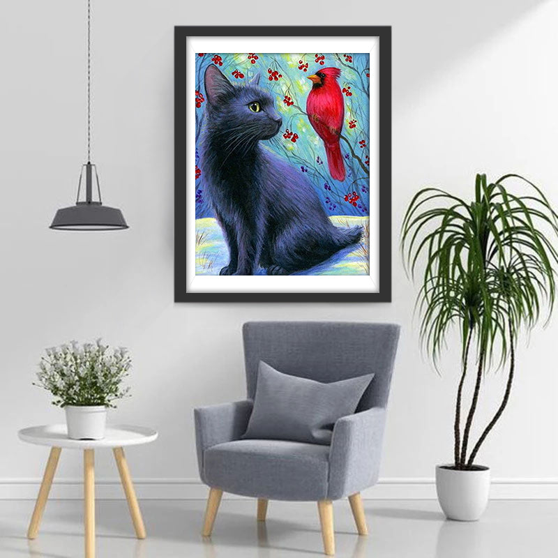 Black Cat and Northern Cardinal Diamond Painting