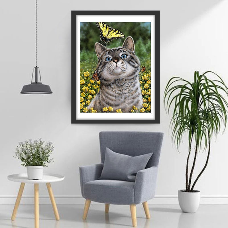 Cat and Common Tiger Butterfly Diamond Painting