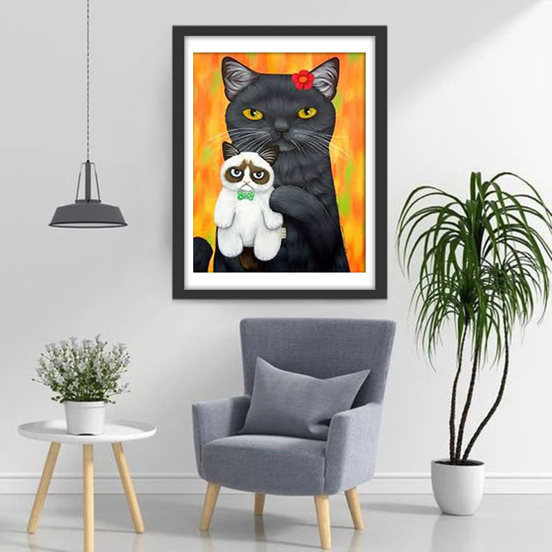 Black Cat and Puppet Siamese Cat Diamond Painting