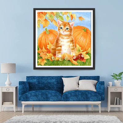 Orange Cat and Pumpkins Diamond Painting