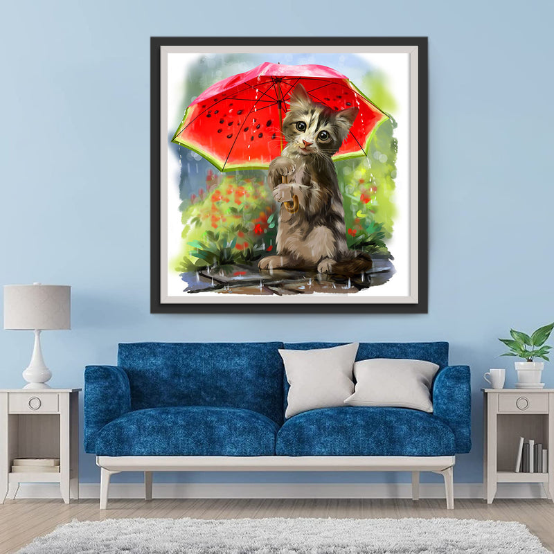 Kitten with a Watermelon Umbrella Diamond Painting