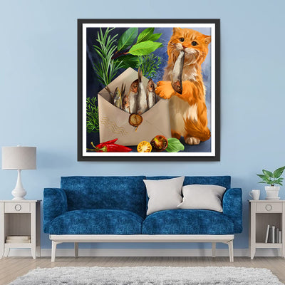 Cat Stealing Dried Fishes Diamond Painting