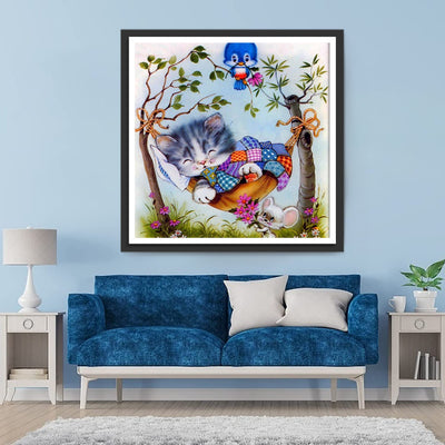 Cats and blue birds in hammocks Diamond Painting