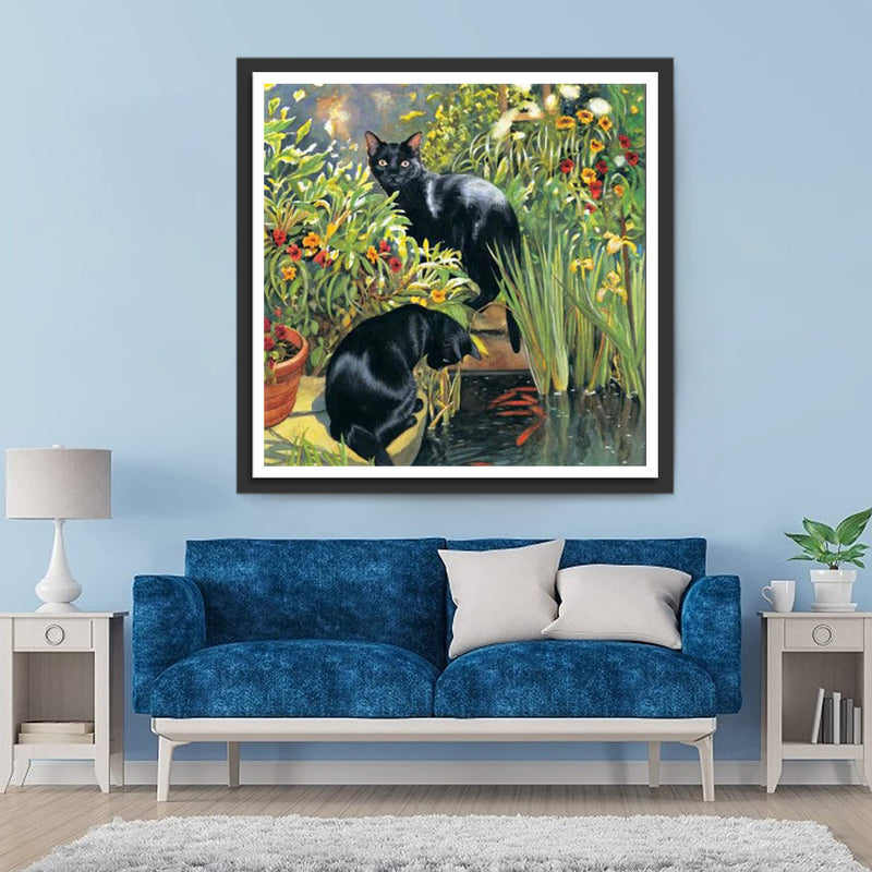 Black Cats among Flowers Diamond Painting