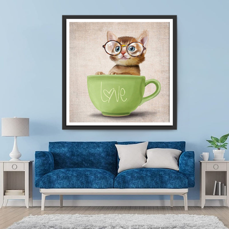 Cat with Glasses in the Green Cup 5D DIY Diamond Painting Kits