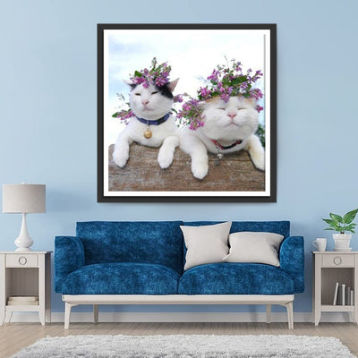 Two White Cats and Flowers Diamond Painting